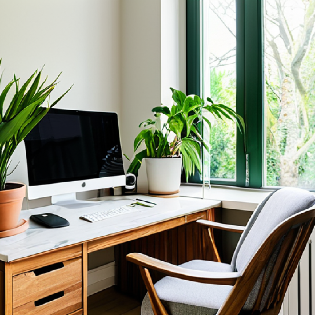 Natural Light and Indoor Plants**

"A bright, modern home office with large windows showcasing a lush green garden outside. Several potted plants are placed around the room, adding life and color. The desk is made of natural wood, and the walls are a calming neutral color. The overall atmosphere is peaceful and productive. Professional photography, perfect anatomy, natural proportions, fully clothed, appropriate content, safe for work, family-friendly, modest."

**