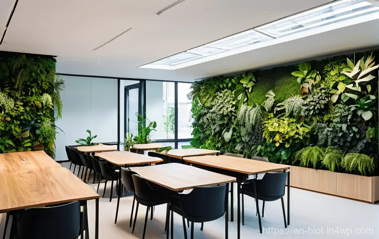 바이오필릭 디자인의 경제적 이점 분석 - **Prompt:** A vibrant, sun-drenched modern open-plan office space, designed with strong biophilic el...