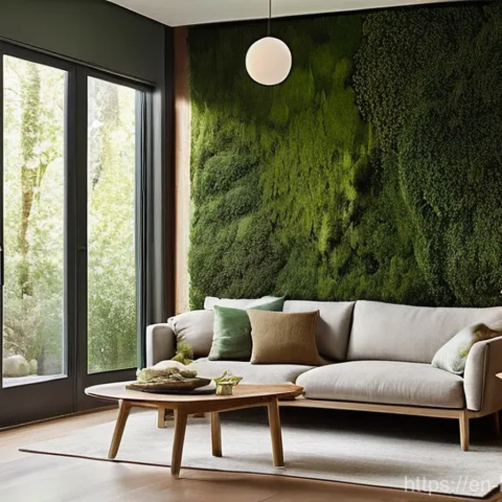 바이오필릭 디자인의 최첨단 트렌드 - **Prompt 1: "Serene Biophilic Living Room with Dynamic Green Wall"**
    A cozy, modern living room ...