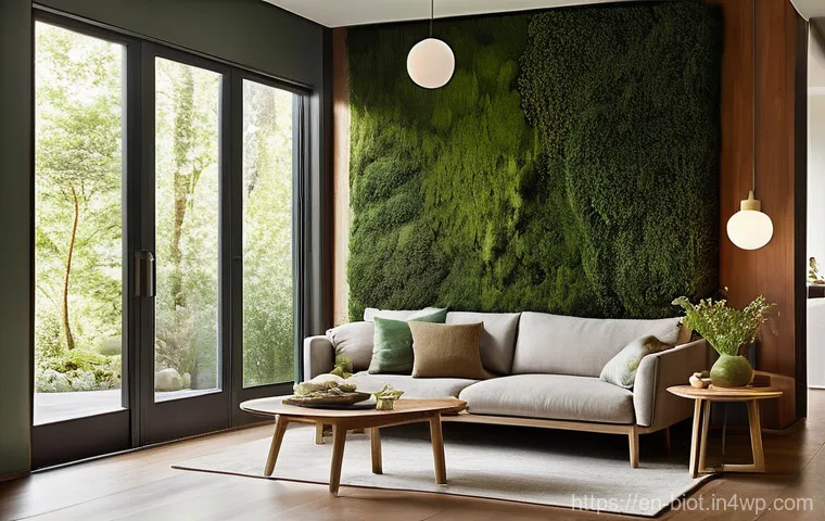 바이오필릭 디자인의 최첨단 트렌드 - **Prompt 1: "Serene Biophilic Living Room with Dynamic Green Wall"**
    A cozy, modern living room ...