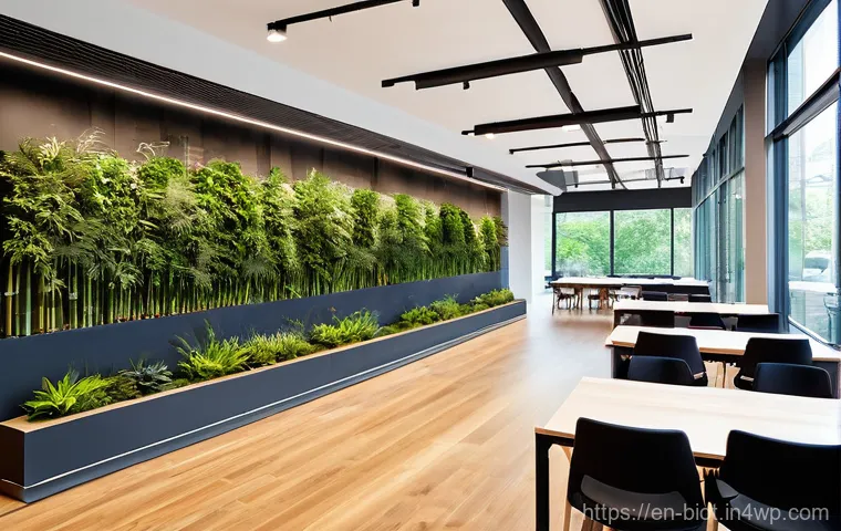 바이오필릭 디자인의 최첨단 트렌드 - **Prompt 1: "Serene Biophilic Living Room with Dynamic Green Wall"**
    A cozy, modern living room ...