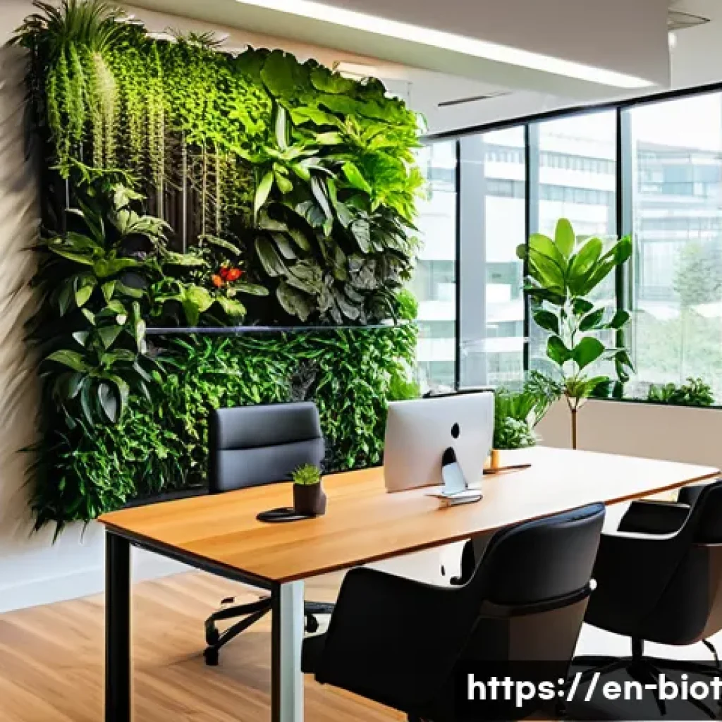 바이오필릭 디자인 프로젝트의 비용 분석 - A modern office interior featuring a large biophilic living wall with diverse lush green plants, int...