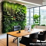 바이오필릭 디자인 프로젝트의 비용 분석 - A modern office interior featuring a large biophilic living wall with diverse lush green plants, int...