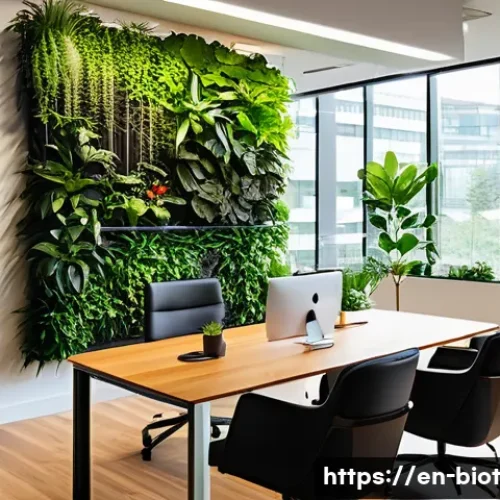 바이오필릭 디자인 프로젝트의 비용 분석 - A modern office interior featuring a large biophilic living wall with diverse lush green plants, int...