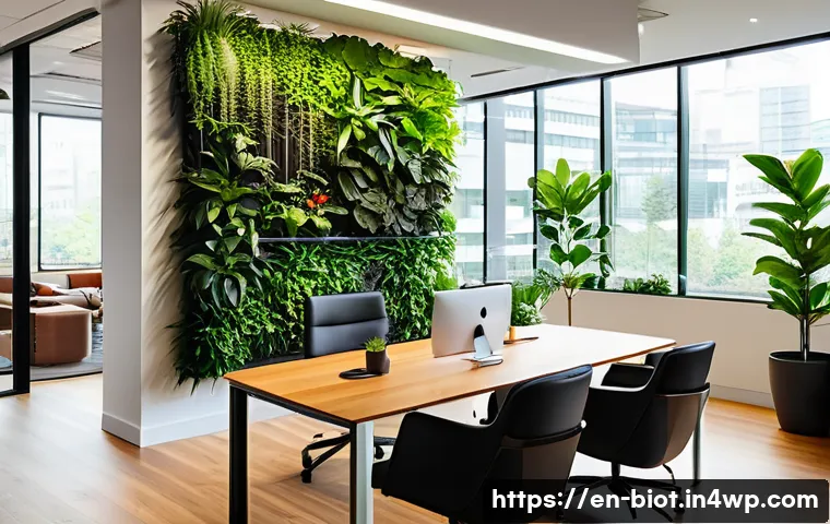 바이오필릭 디자인 프로젝트의 비용 분석 - A modern office interior featuring a large biophilic living wall with diverse lush green plants, int...
