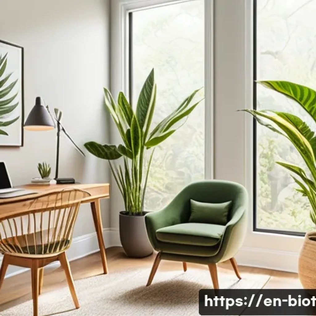 바이오필릭 디자인의 심리적 효과 - A bright, modern home office flooded with warm natural sunlight streaming through large floor-to-cei...