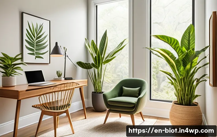 바이오필릭 디자인의 심리적 효과 - A bright, modern home office flooded with warm natural sunlight streaming through large floor-to-cei...