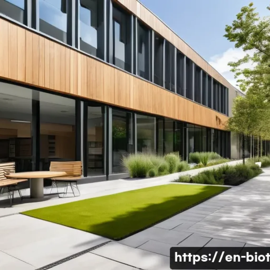 바이오필릭 디자인의 법적 및 윤리적 고려 - A modern office courtyard featuring a large, mature oak tree integrated into the design, surrounded ...