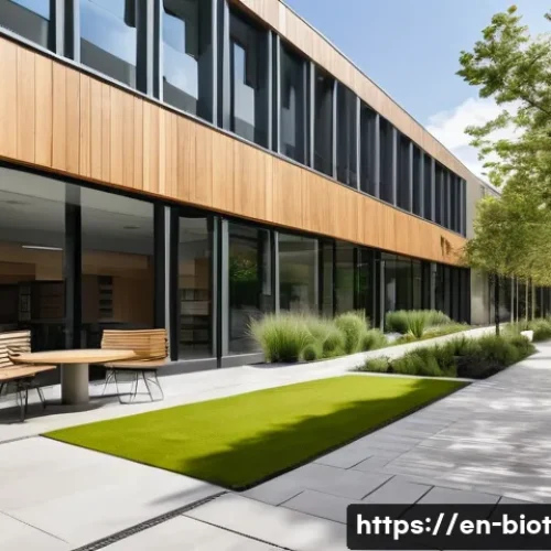 바이오필릭 디자인의 법적 및 윤리적 고려 - A modern office courtyard featuring a large, mature oak tree integrated into the design, surrounded ...