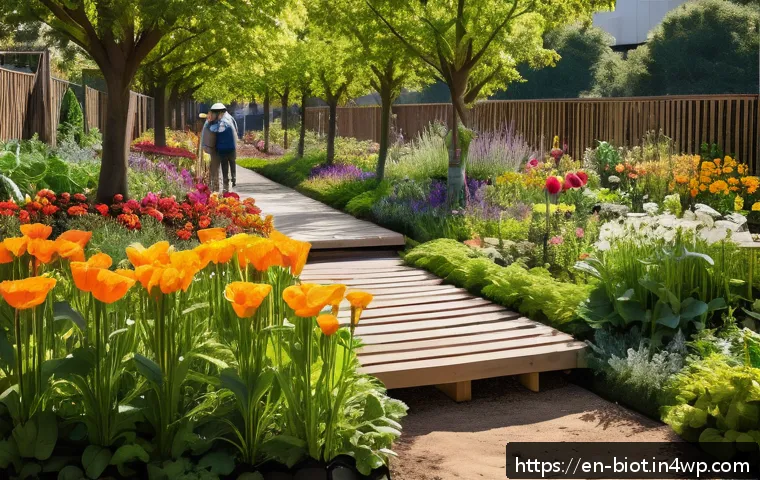바이오필릭 디자인과 커뮤니티 활성화 전략 - A vibrant urban community garden scene during a sunny afternoon, featuring diverse residents of all ...