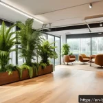 바이오필릭 디자인을 위한 사용자 경험 개선 - A modern office interior flooded with natural sunlight from large floor-to-ceiling windows, featurin...