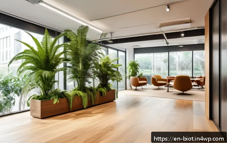바이오필릭 디자인을 위한 사용자 경험 개선 - A modern office interior flooded with natural sunlight from large floor-to-ceiling windows, featurin...