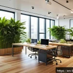 바이오필릭 디자인의 지속 가능한 미래 - A modern, sunlit office interior featuring large floor-to-ceiling windows with abundant natural dayl...