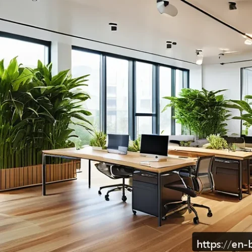 바이오필릭 디자인의 지속 가능한 미래 - A modern, sunlit office interior featuring large floor-to-ceiling windows with abundant natural dayl...