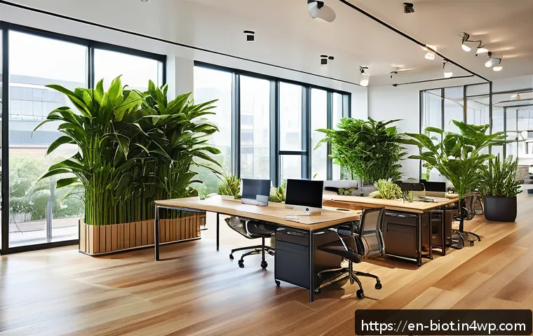 바이오필릭 디자인의 지속 가능한 미래 - A modern, sunlit office interior featuring large floor-to-ceiling windows with abundant natural dayl...
