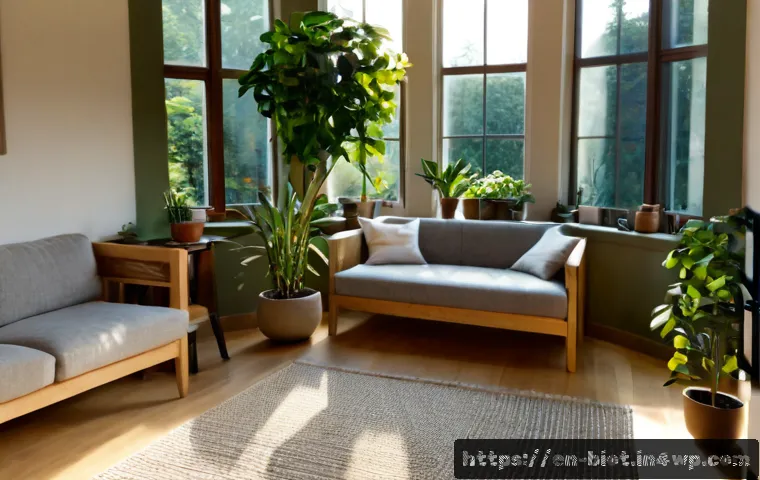 바이오필릭 디자인을 통해 삶의 질 향상하는 방법 - Photorealistic sunlit living room designed for biophilic wellbeing, large windows framing a leafy ba...